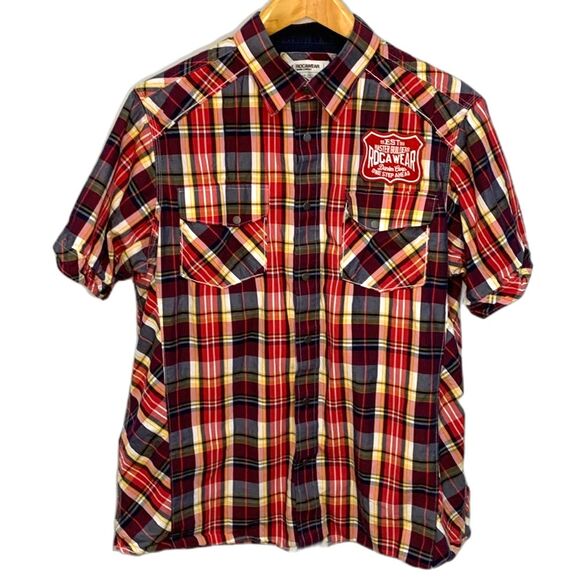 Rocawear Denim Co. Master Builders Red Plaid Cotton SS Snap Front Shirt Size XL - Picture 2 of 16